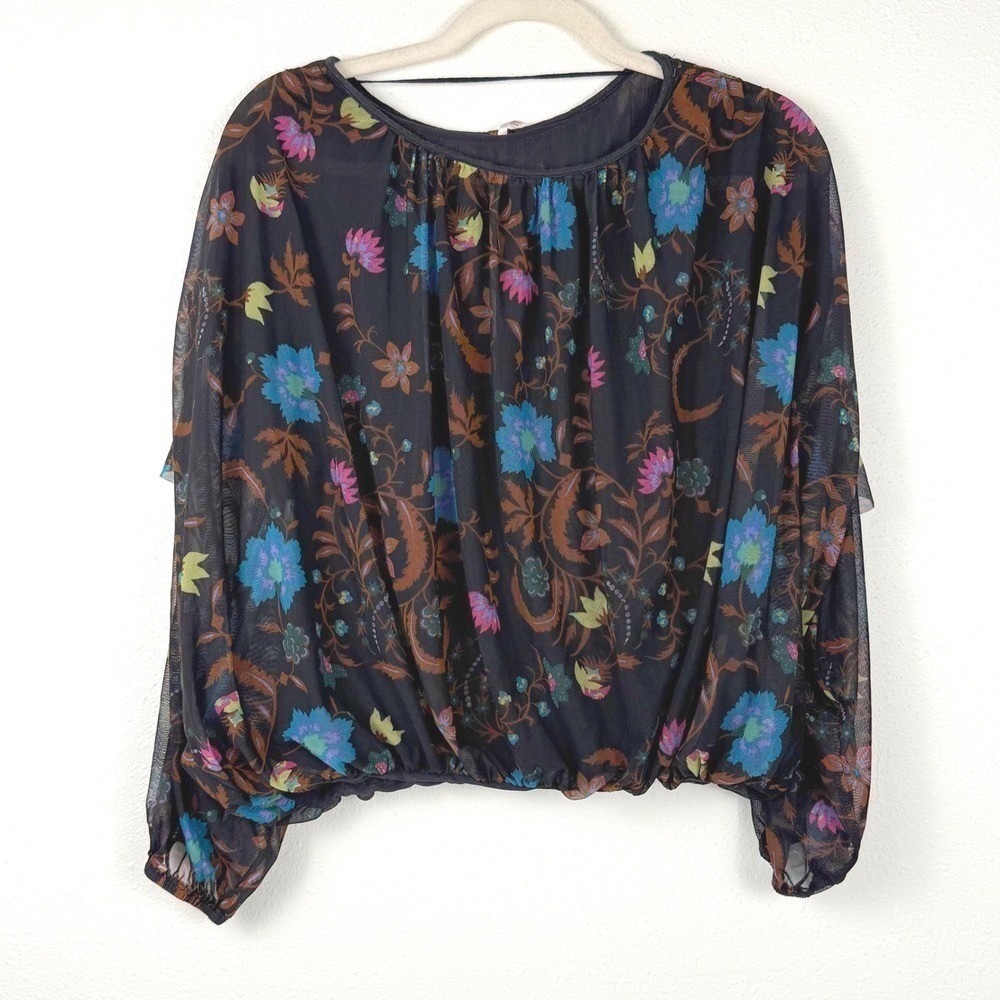 Free People Black Sheer Floral Boho Peasant Blouse Long Sleeve Small Petite